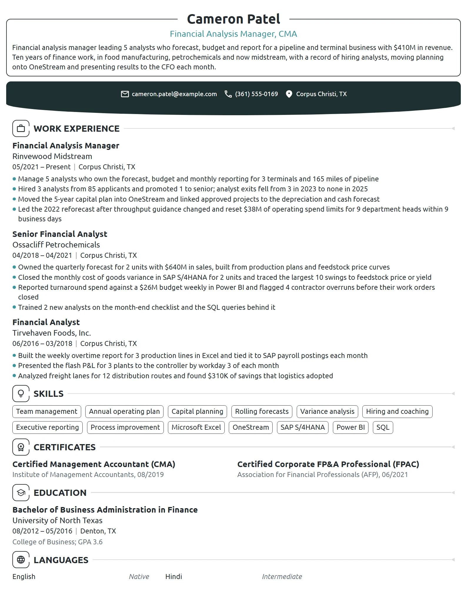 Financial Analysis Manager resume example