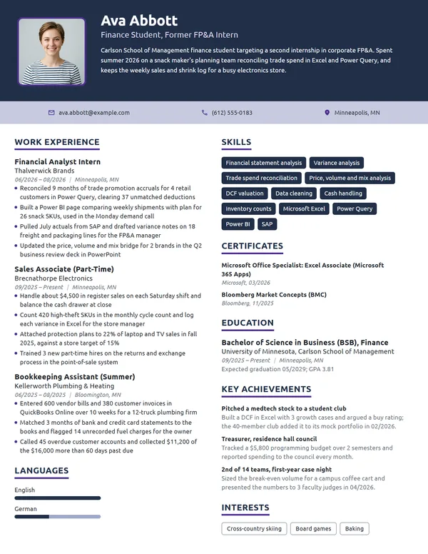 Financial Analyst Intern resume example