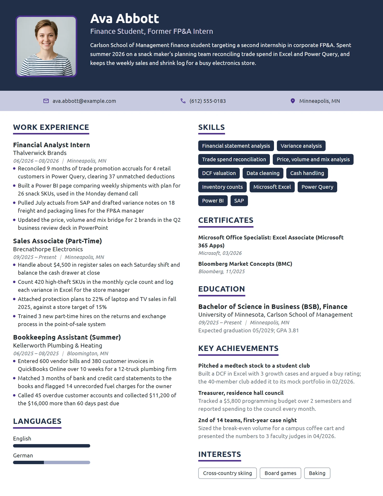 Financial Analyst Intern resume example