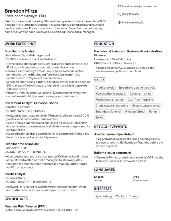 Fixed Income Analyst resume example