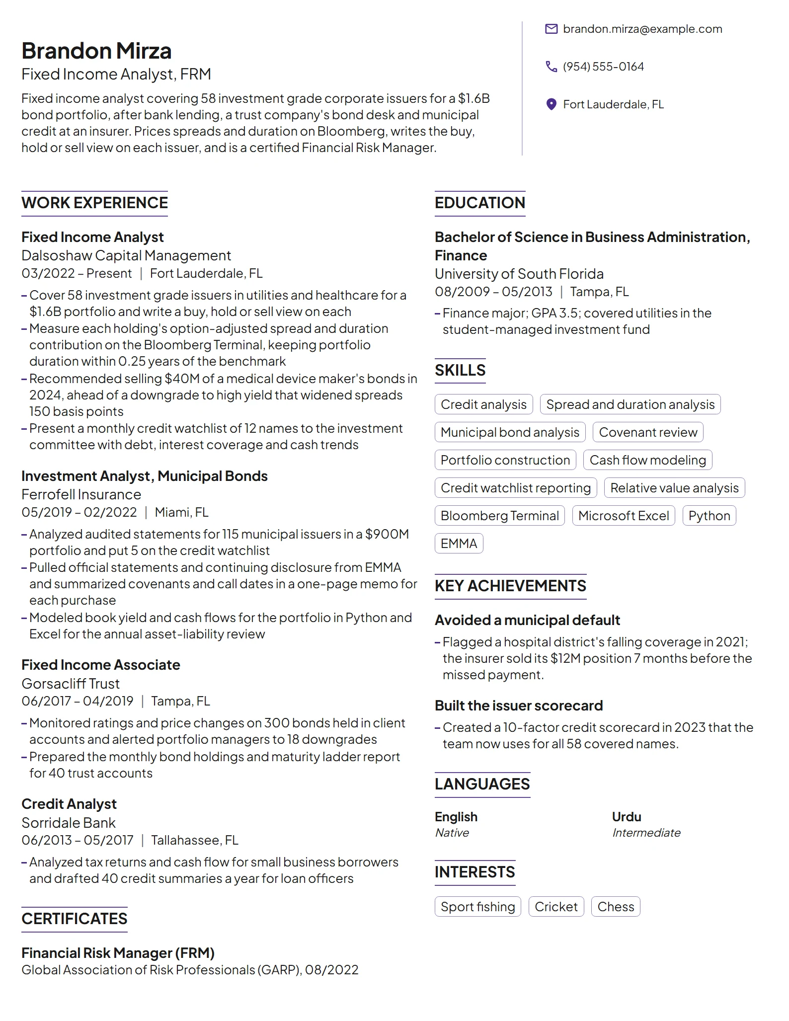 Fixed Income Analyst resume example