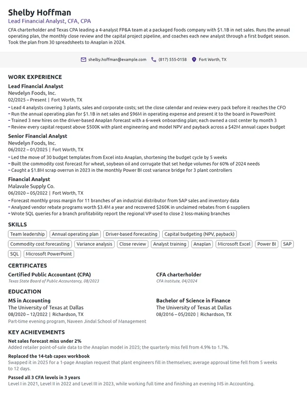 Lead Financial Analyst resume example
