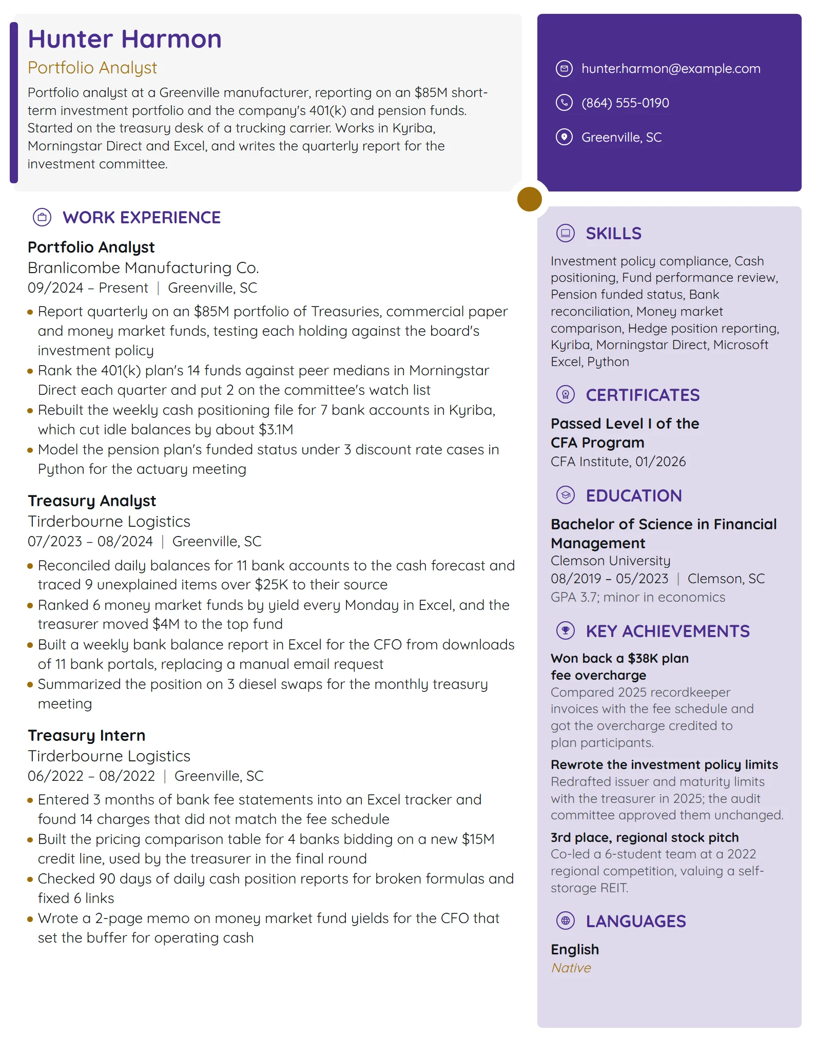 Portfolio Analyst resume example