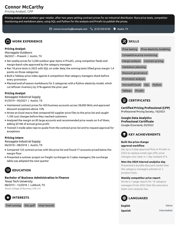 Pricing Analyst resume example