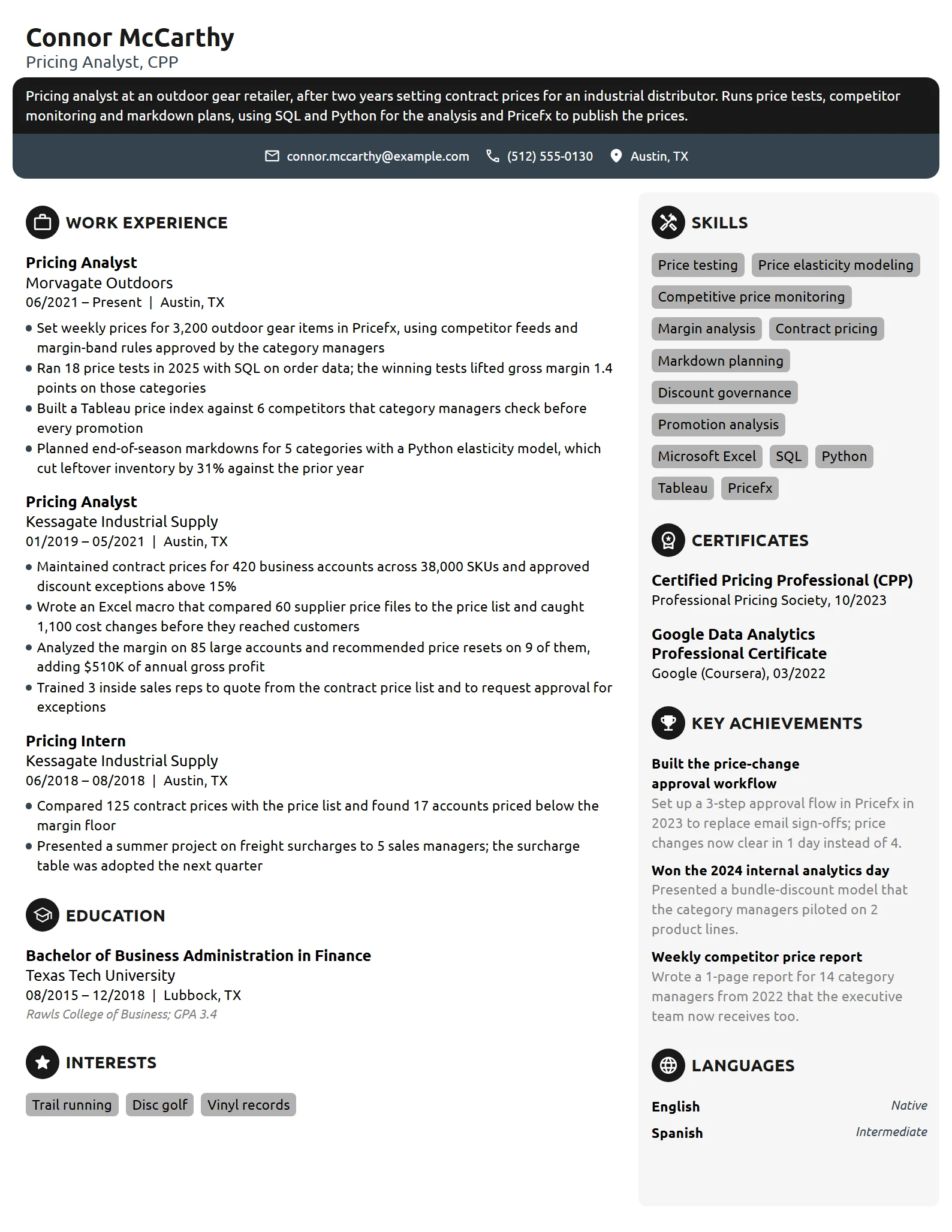 Pricing Analyst resume example