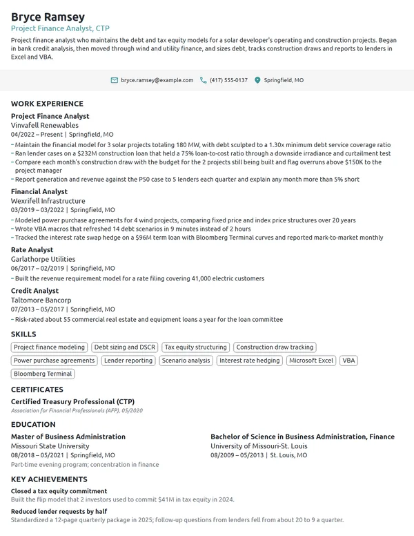 Project Finance Analyst resume example