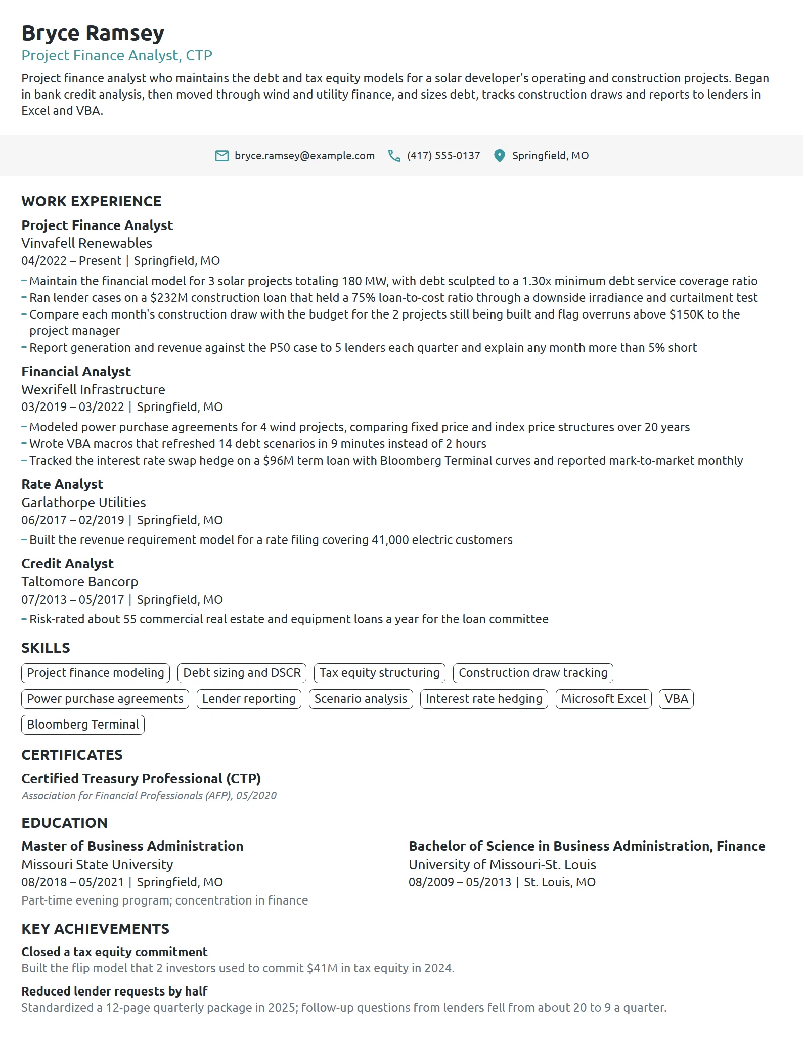 Project Finance Analyst resume example