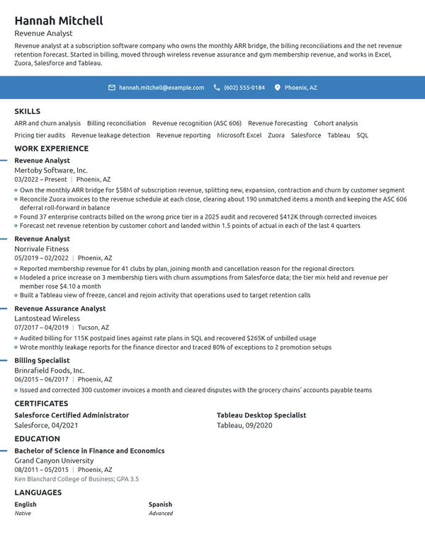 Revenue Analyst resume example