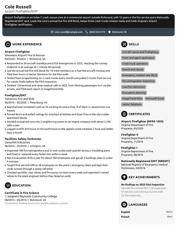 Airport Firefighter resume example