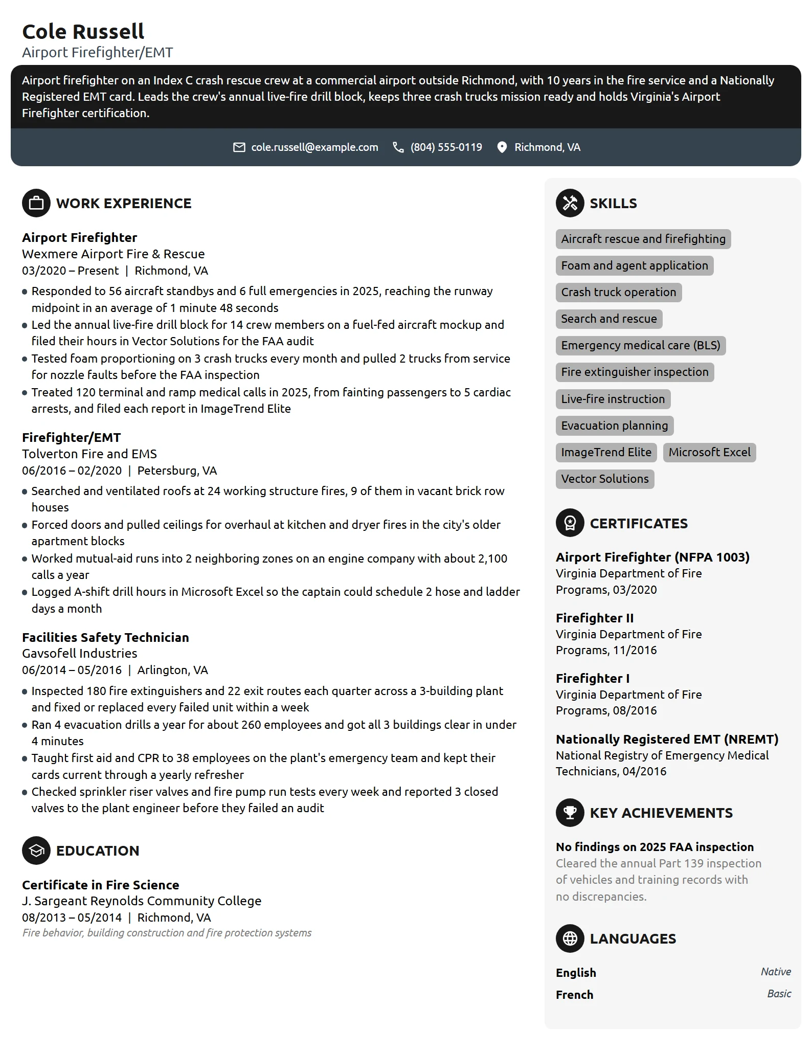 Airport Firefighter resume example