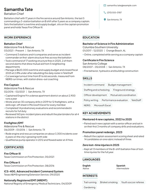 Battalion Chief resume example