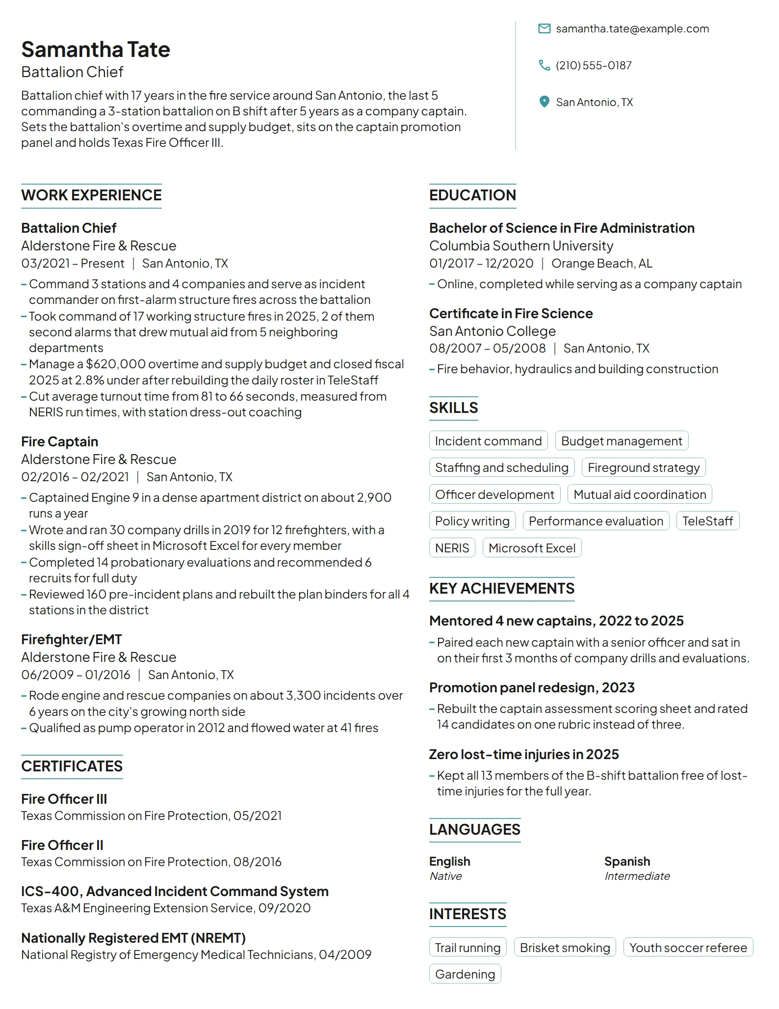 Battalion Chief resume example