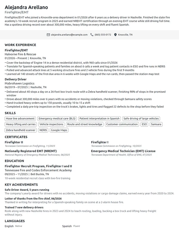 Career Change Firefighter resume example