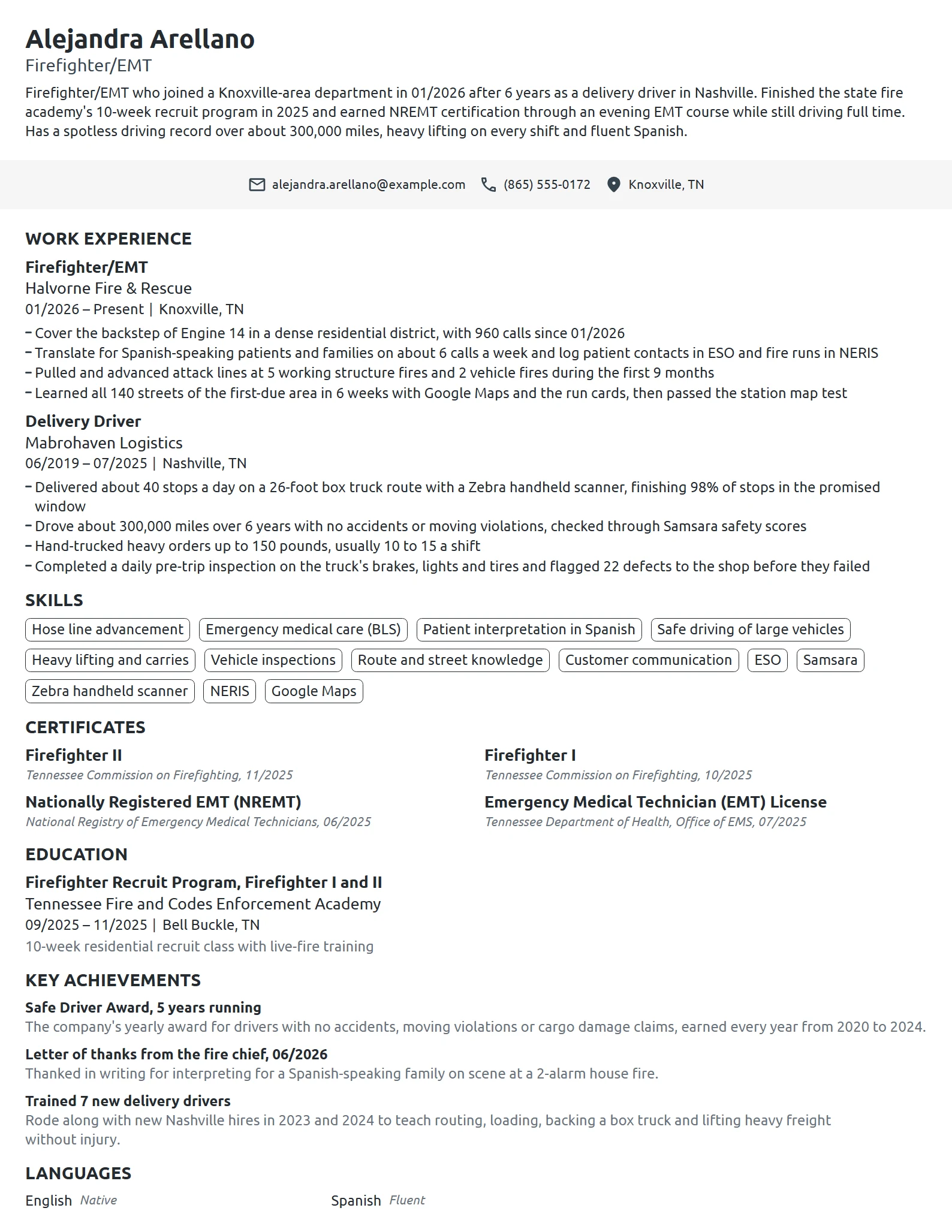 Career Change Firefighter resume example