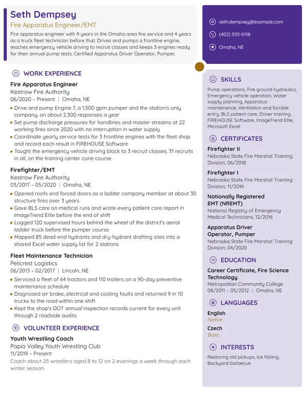 Fire Apparatus Engineer resume example