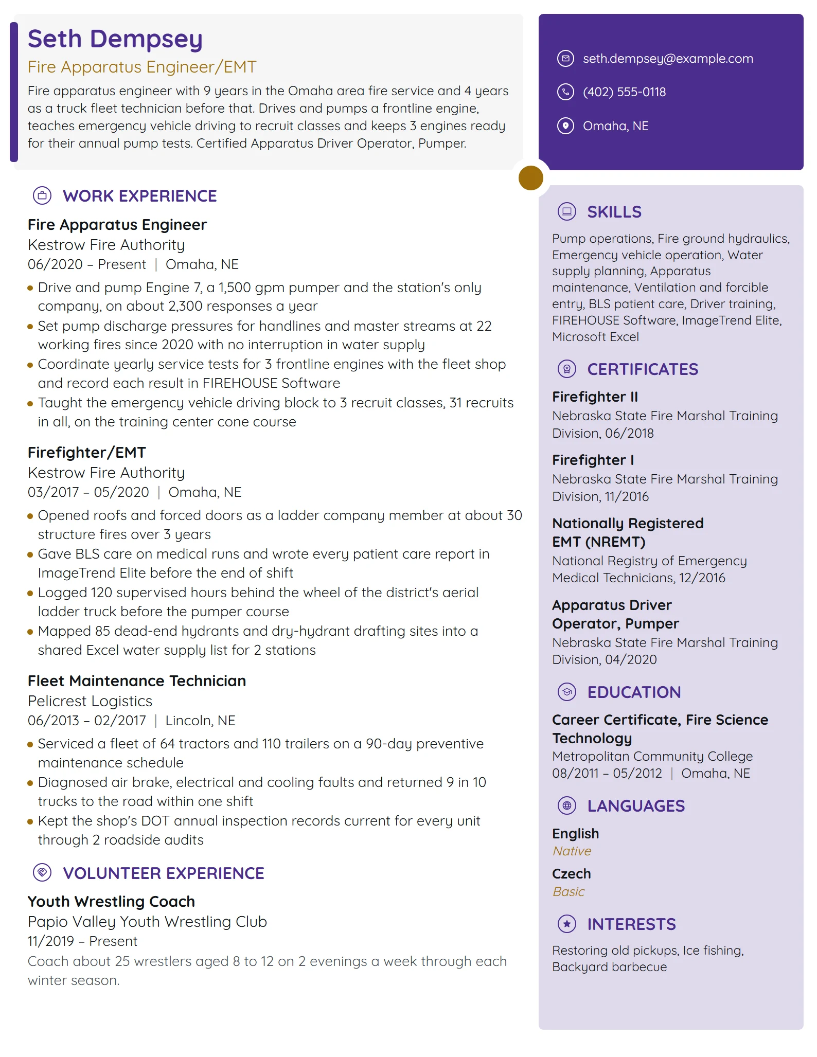 Fire Apparatus Engineer resume example