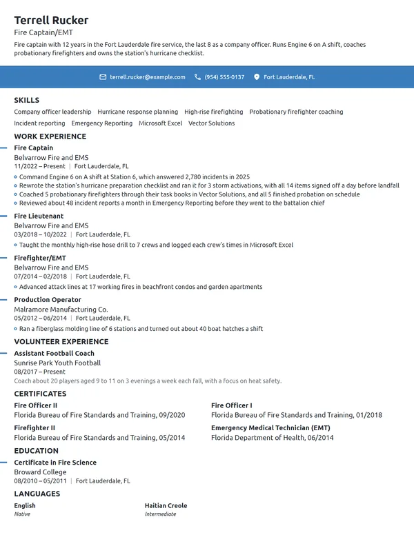 Fire Captain resume example