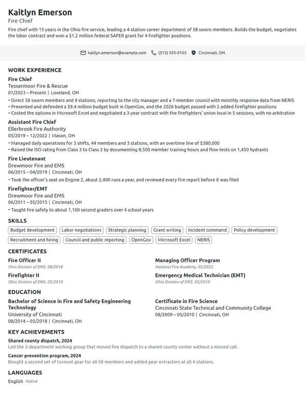 Fire Chief resume example
