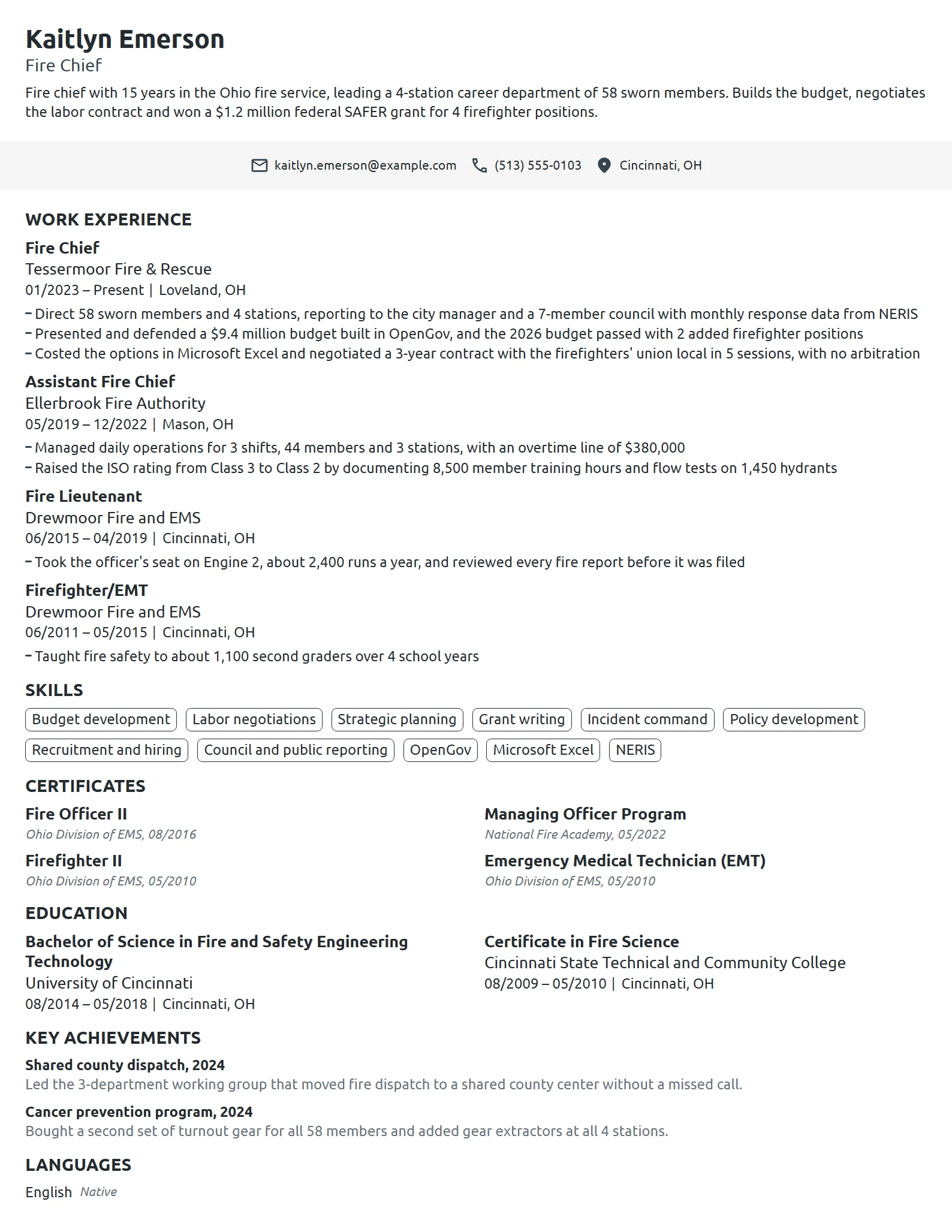 Fire Chief resume example