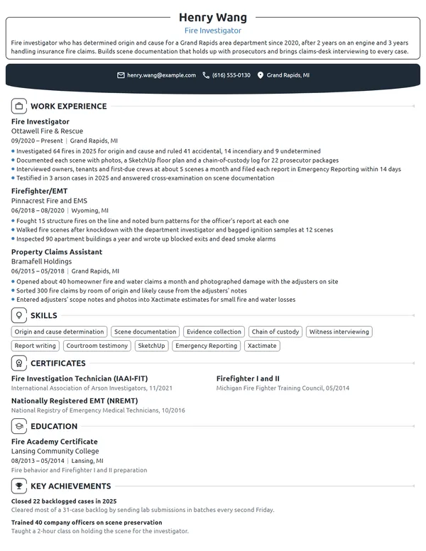 Fire Investigator resume example