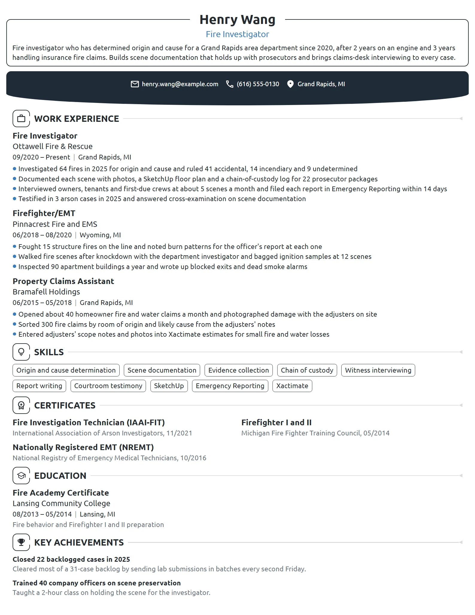 Fire Investigator resume example