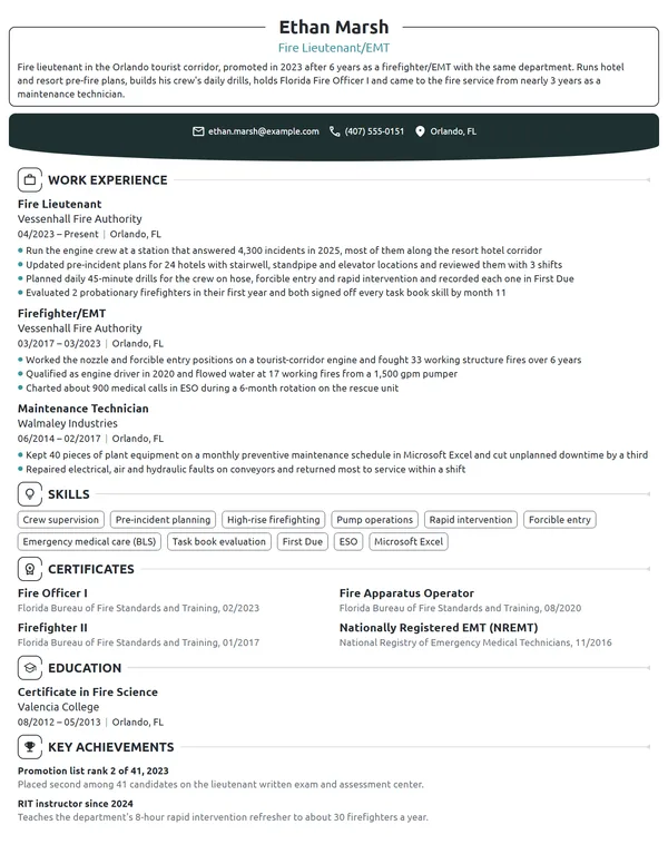Fire Lieutenant resume example