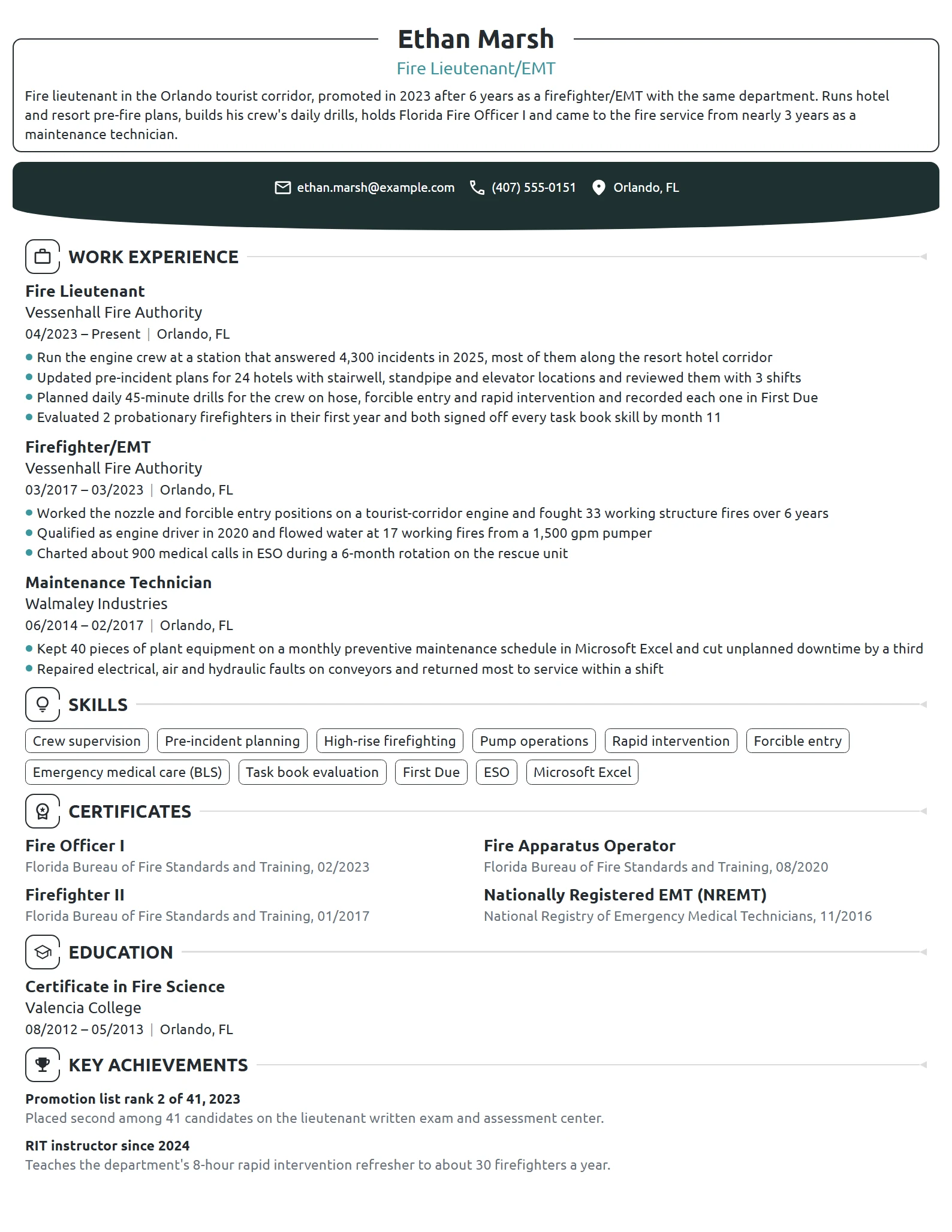 Fire Lieutenant resume example