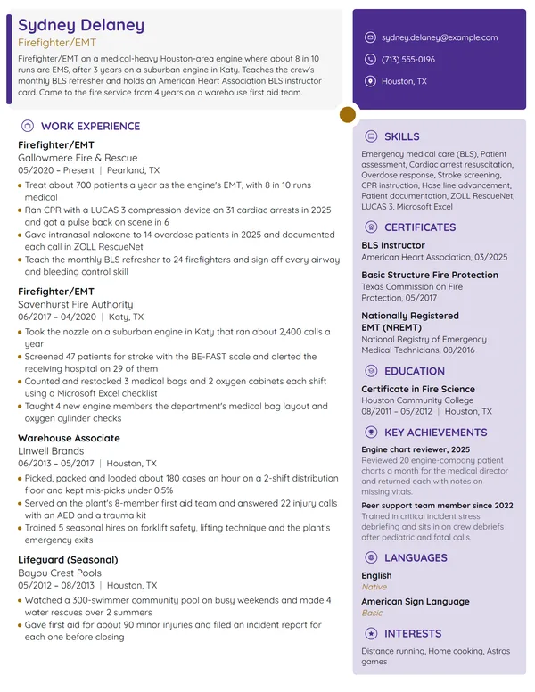 Firefighter EMT resume example