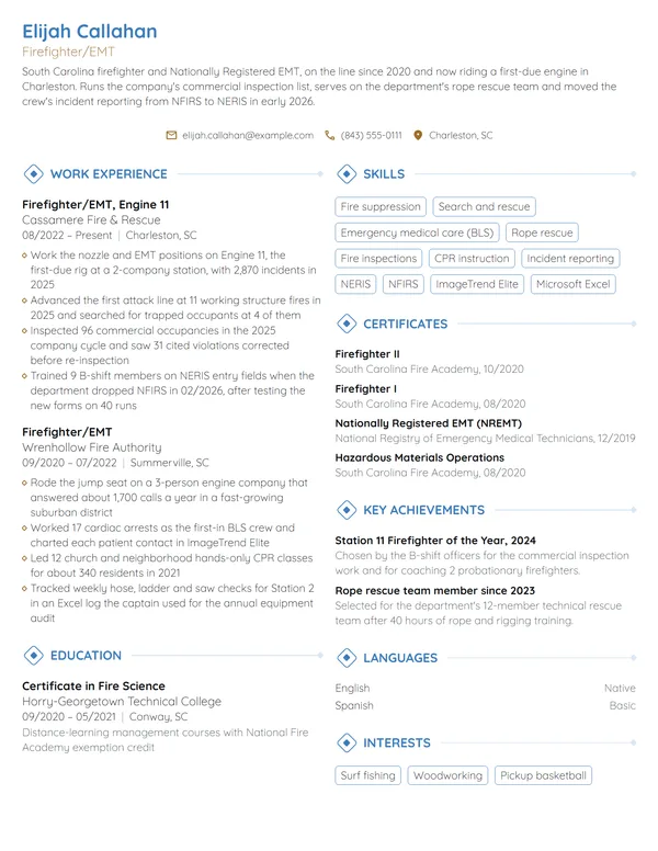 Firefighter resume example