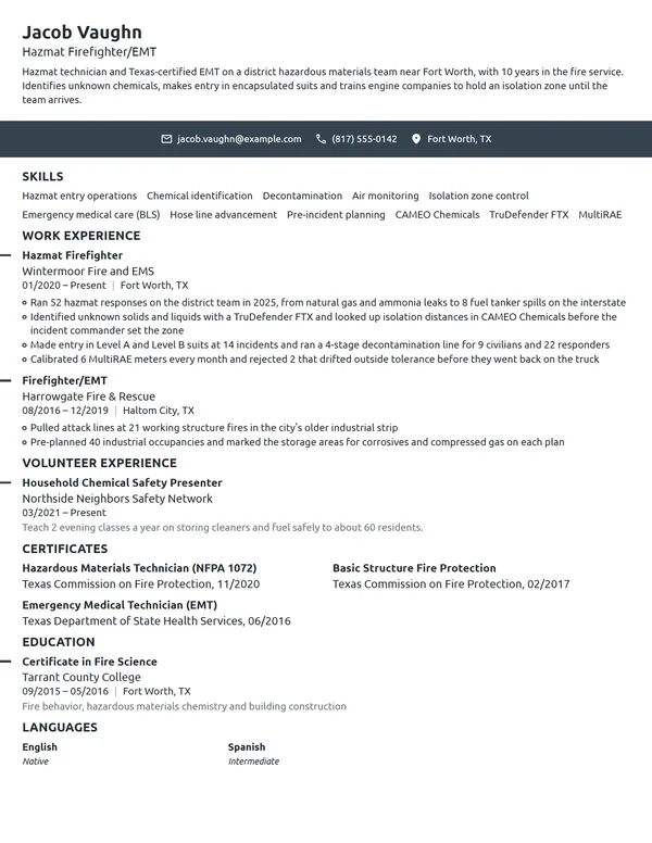 Hazmat Firefighter resume example
