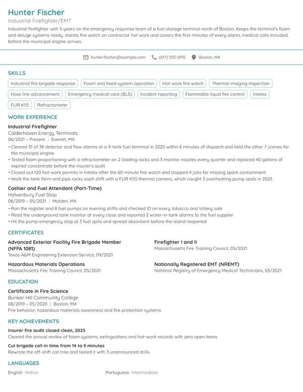 Industrial Firefighter resume example