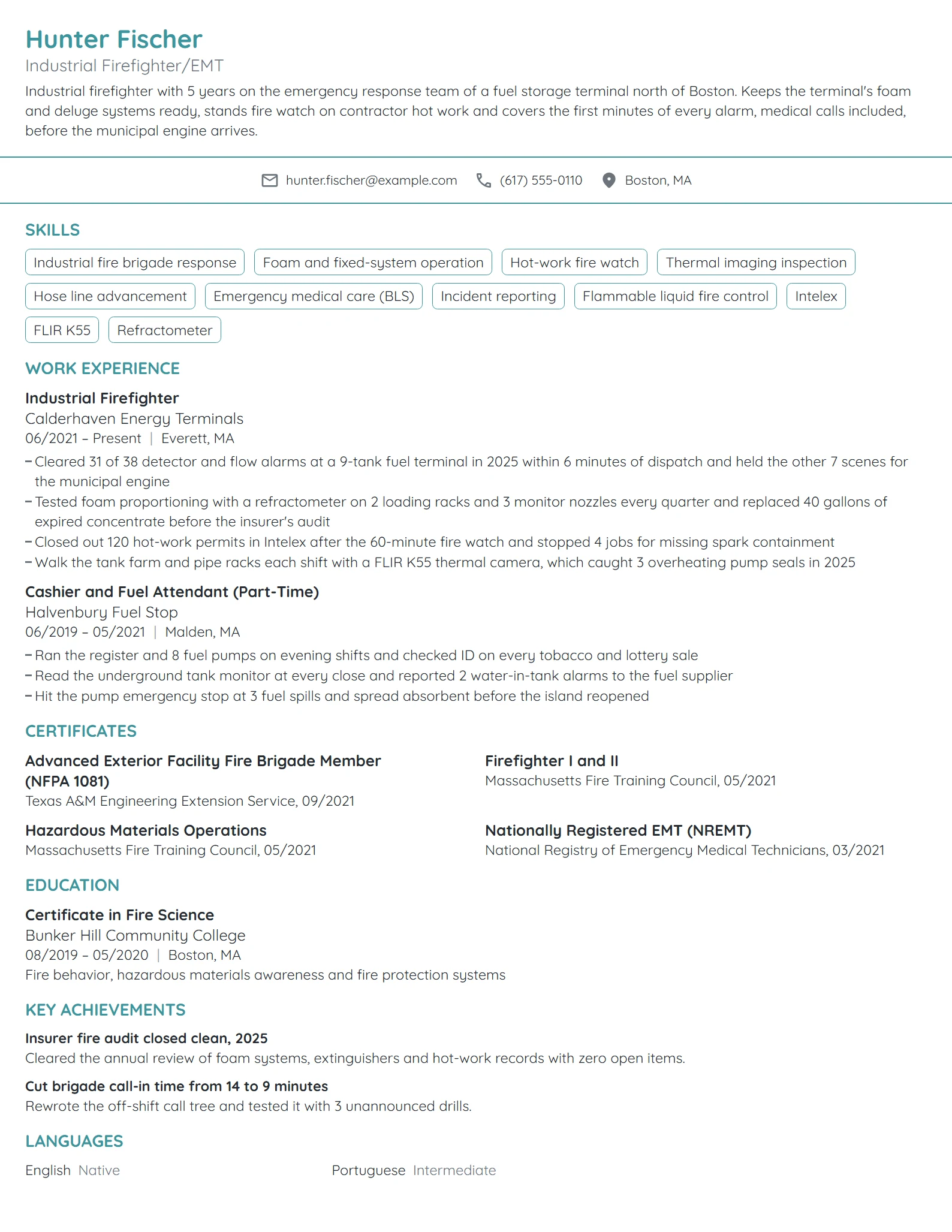 Industrial Firefighter resume example