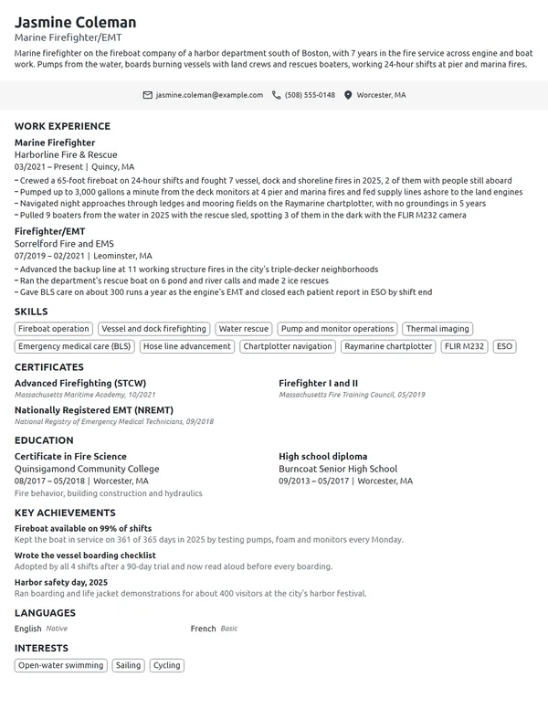 Marine Firefighter resume example