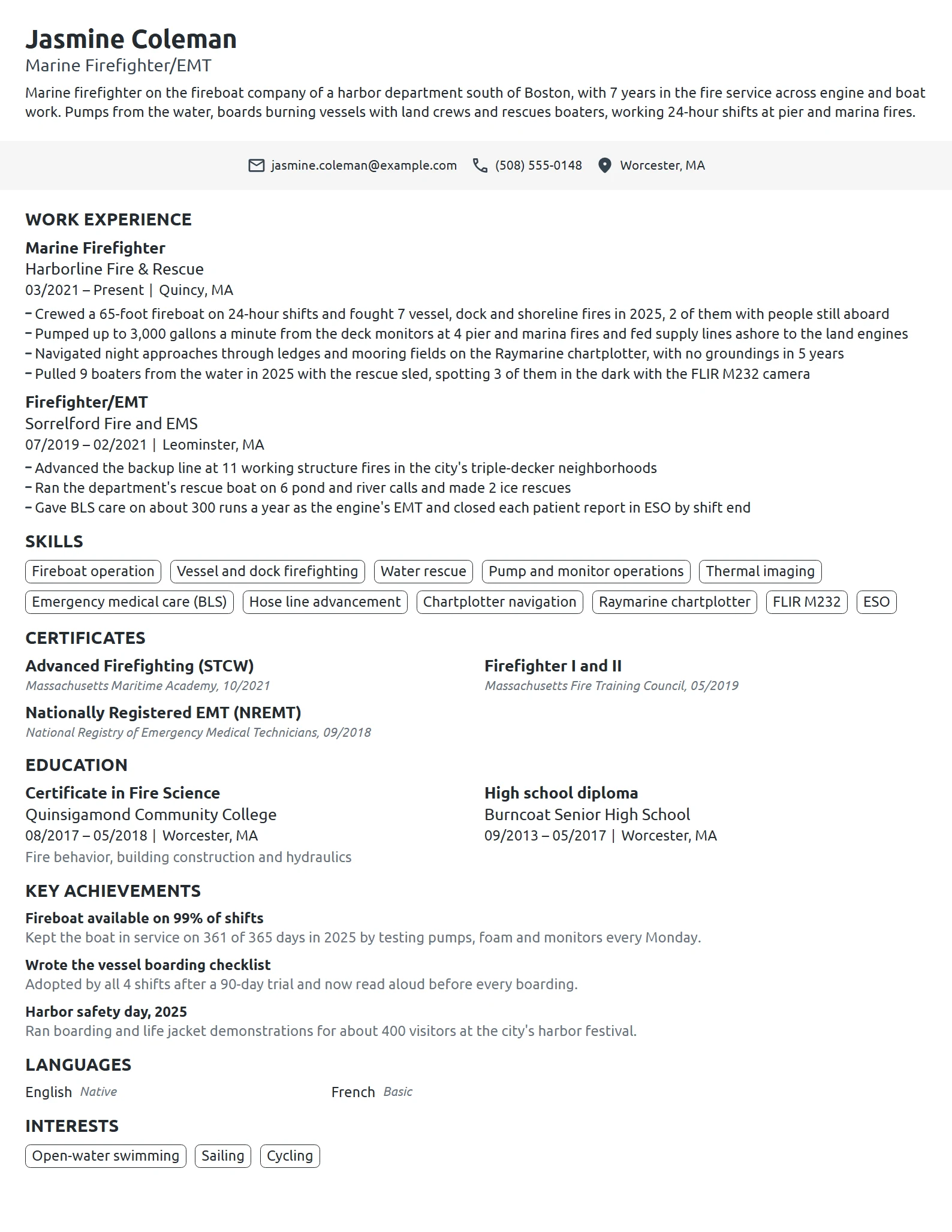Marine Firefighter resume example