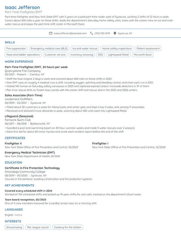 Part-Time Firefighter resume example