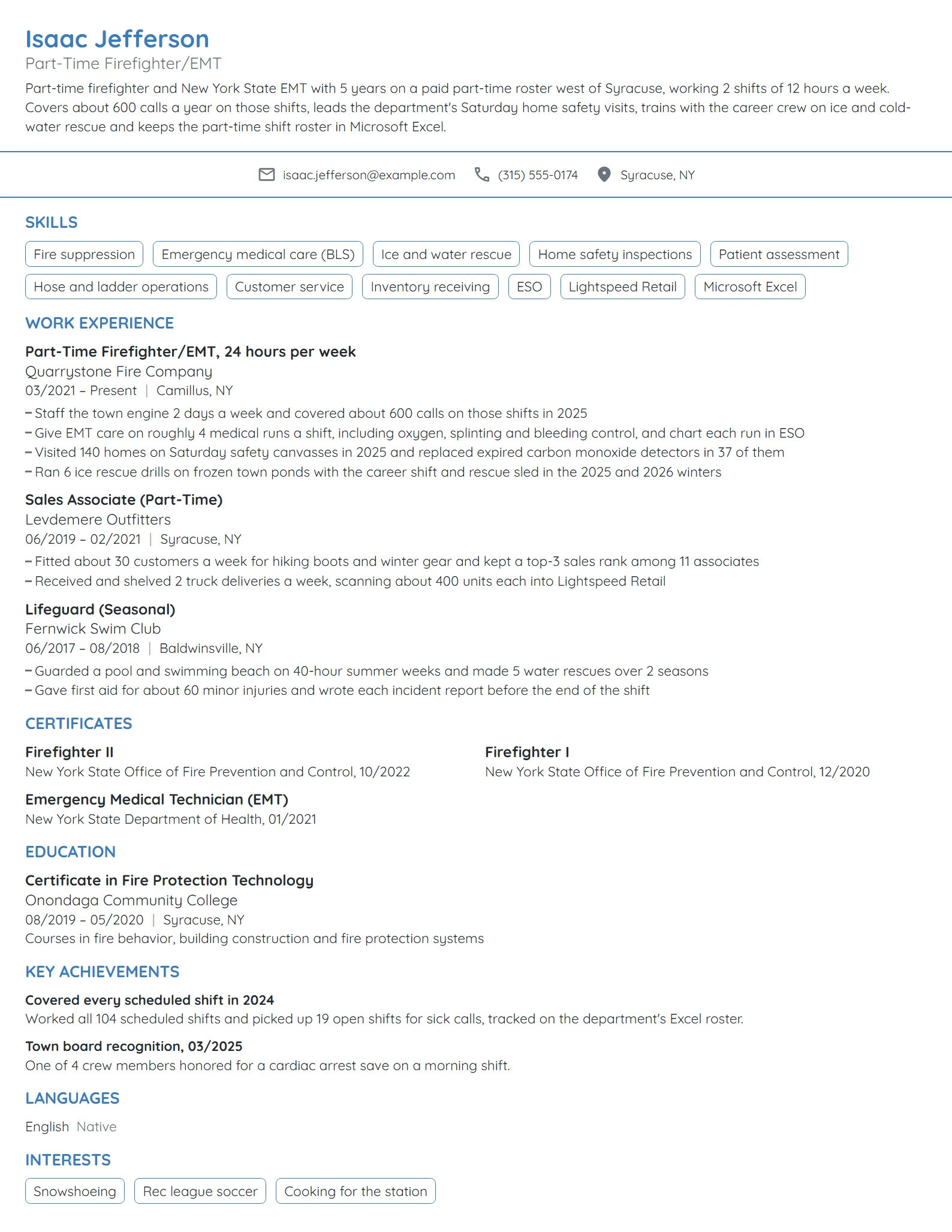 Part-Time Firefighter resume example