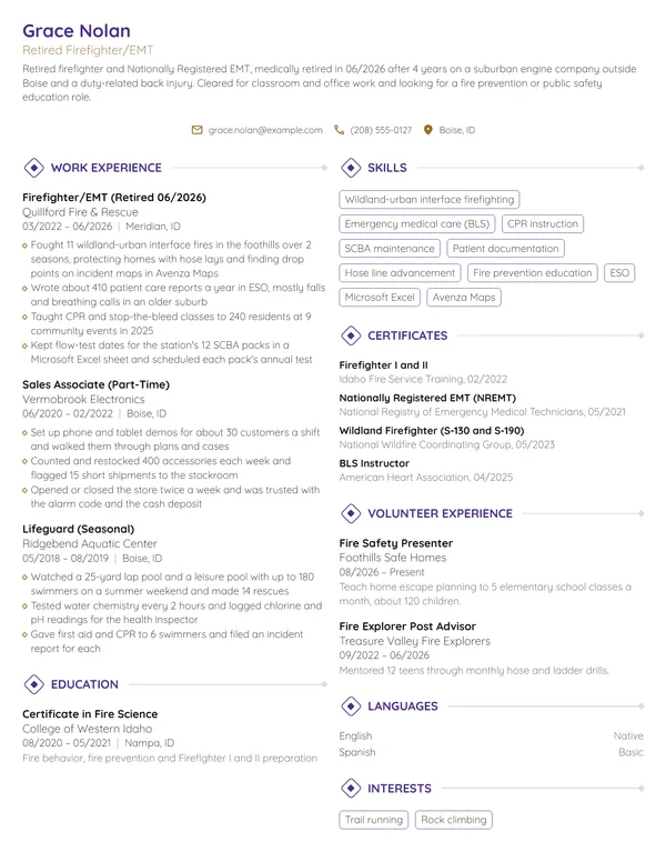 Retired Firefighter resume example