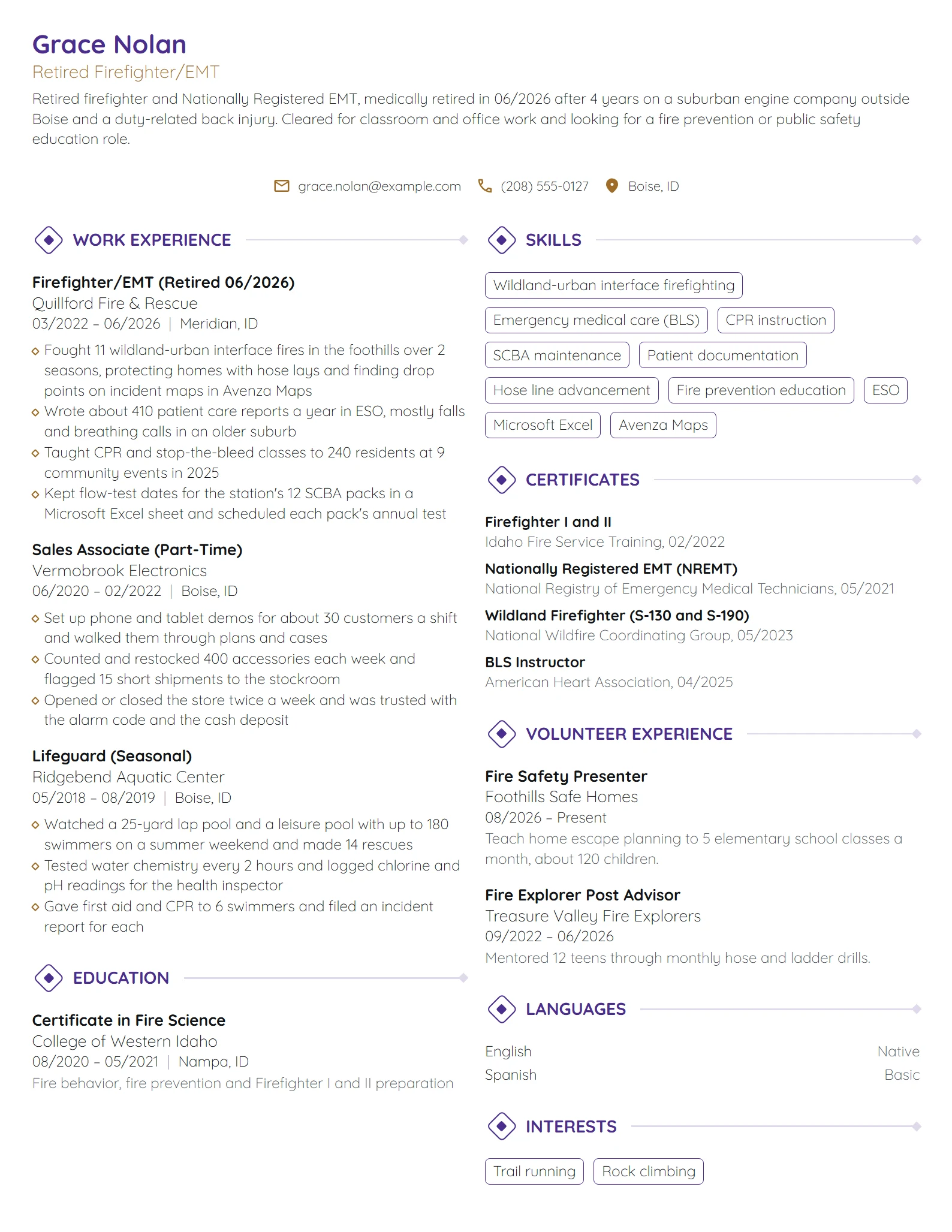 Retired Firefighter resume example