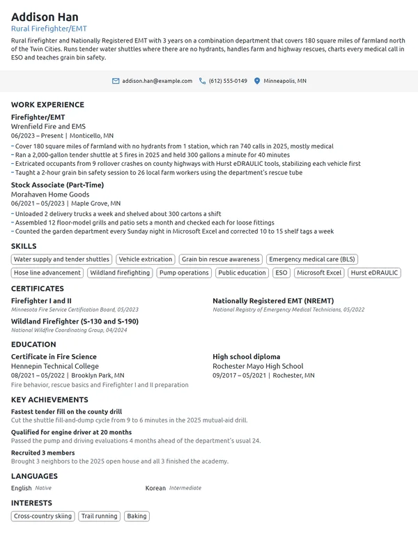 Rural Firefighter resume example
