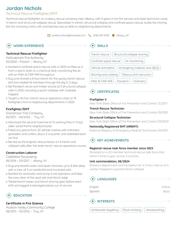Technical Rescue Firefighter resume example
