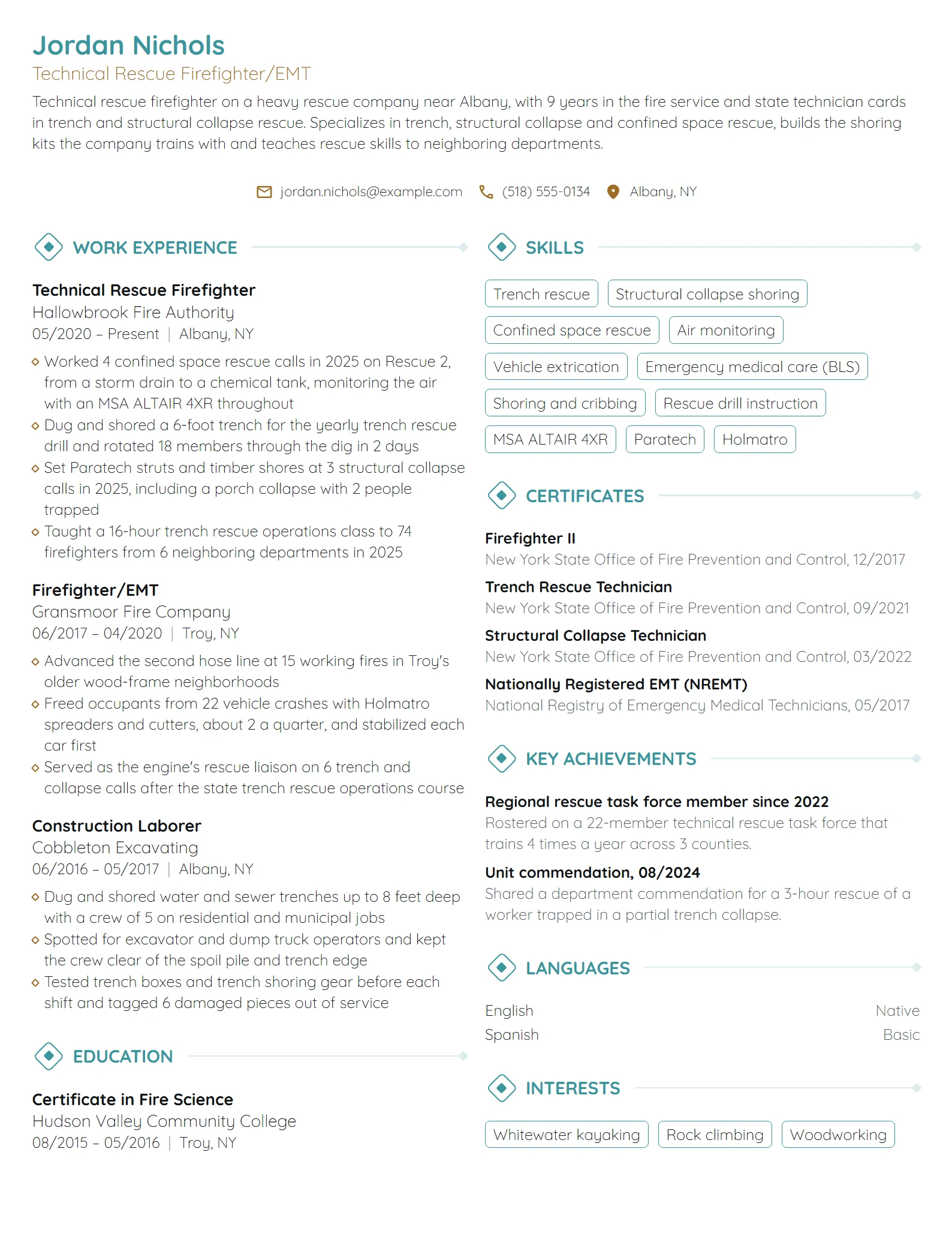 Technical Rescue Firefighter resume example