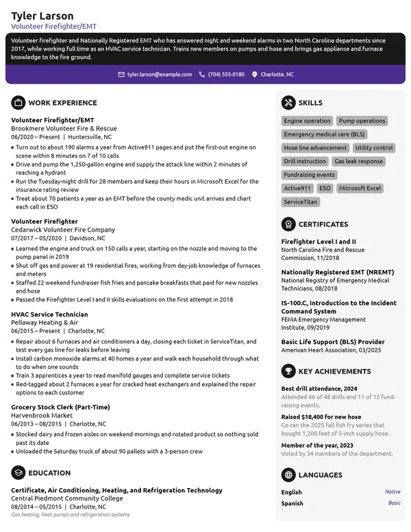 Volunteer Firefighter resume example