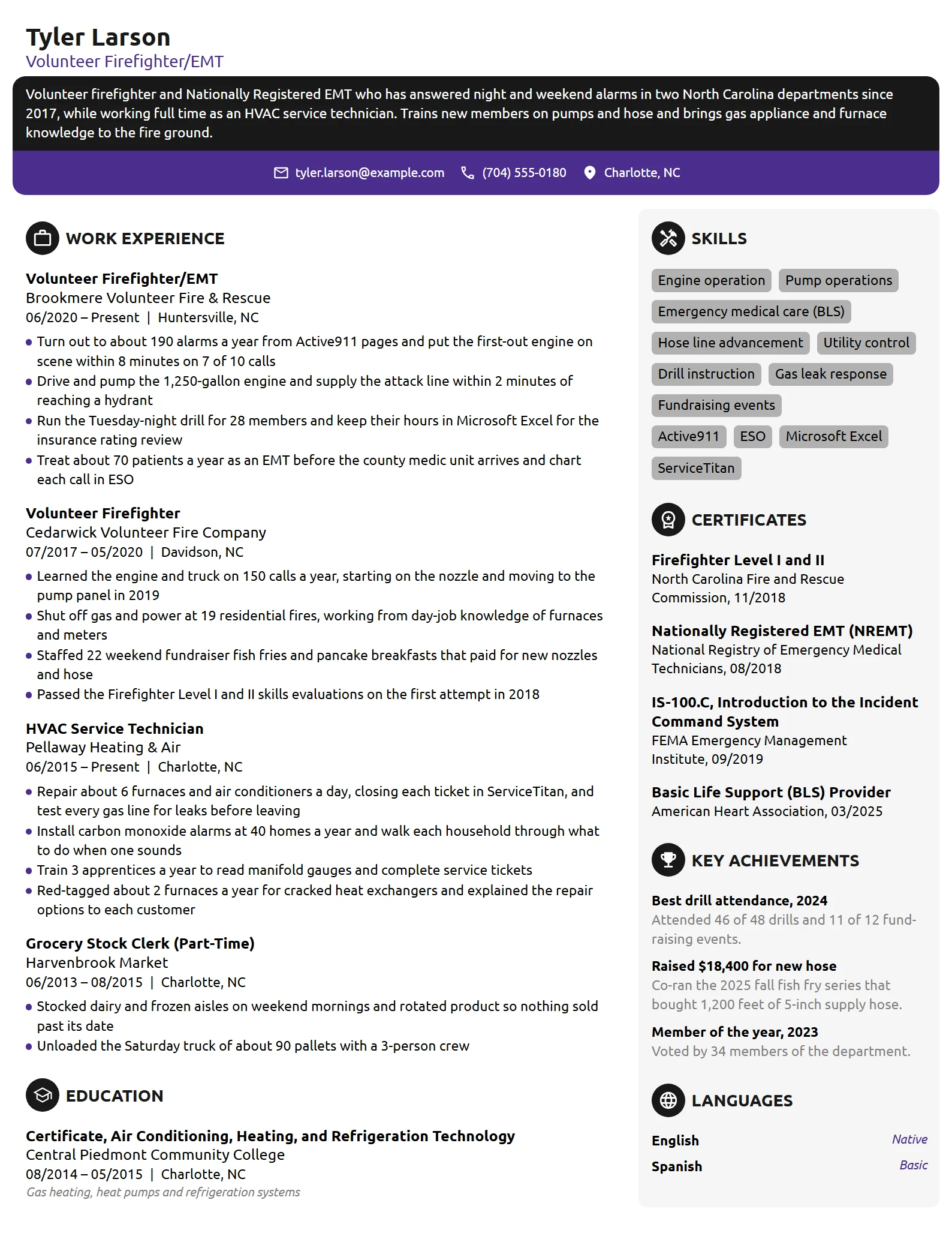 Volunteer Firefighter resume example