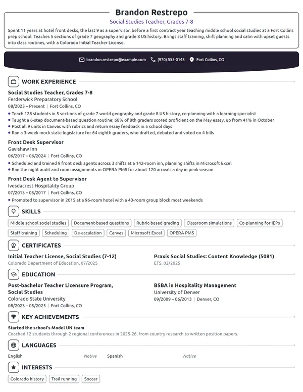 Career Change First Year Teacher resume example