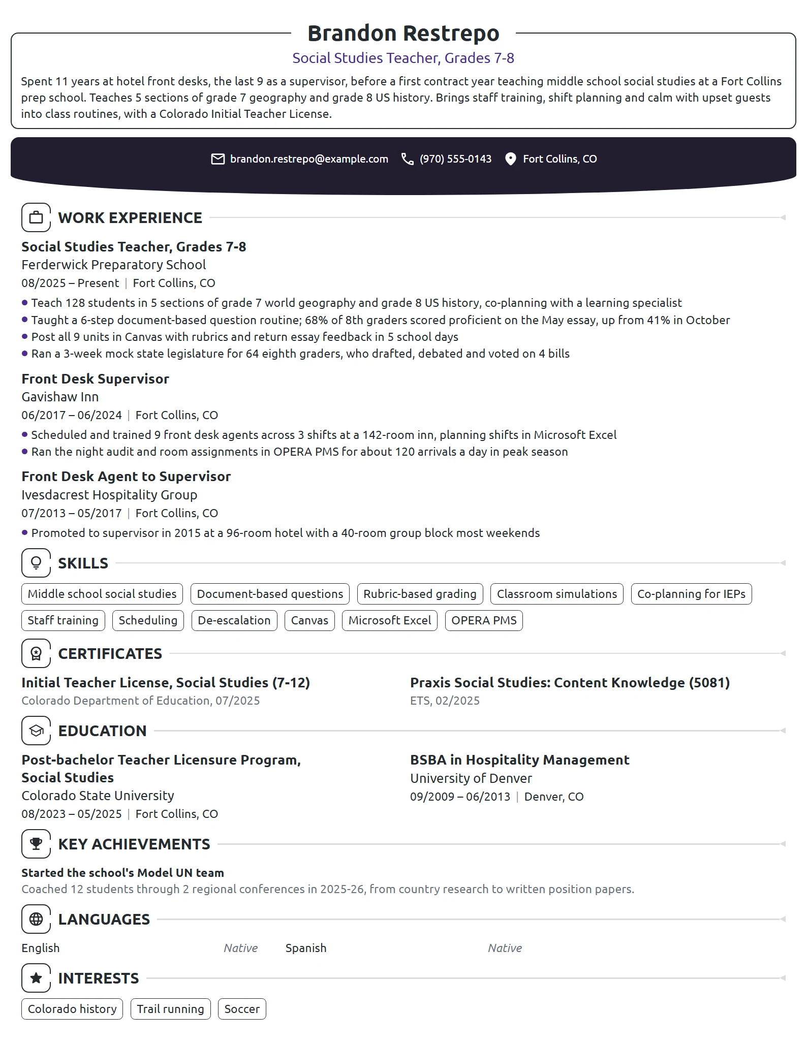 Career Change First Year Teacher resume example