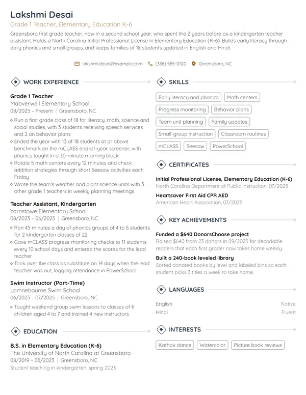 First Year Elementary Teacher resume example