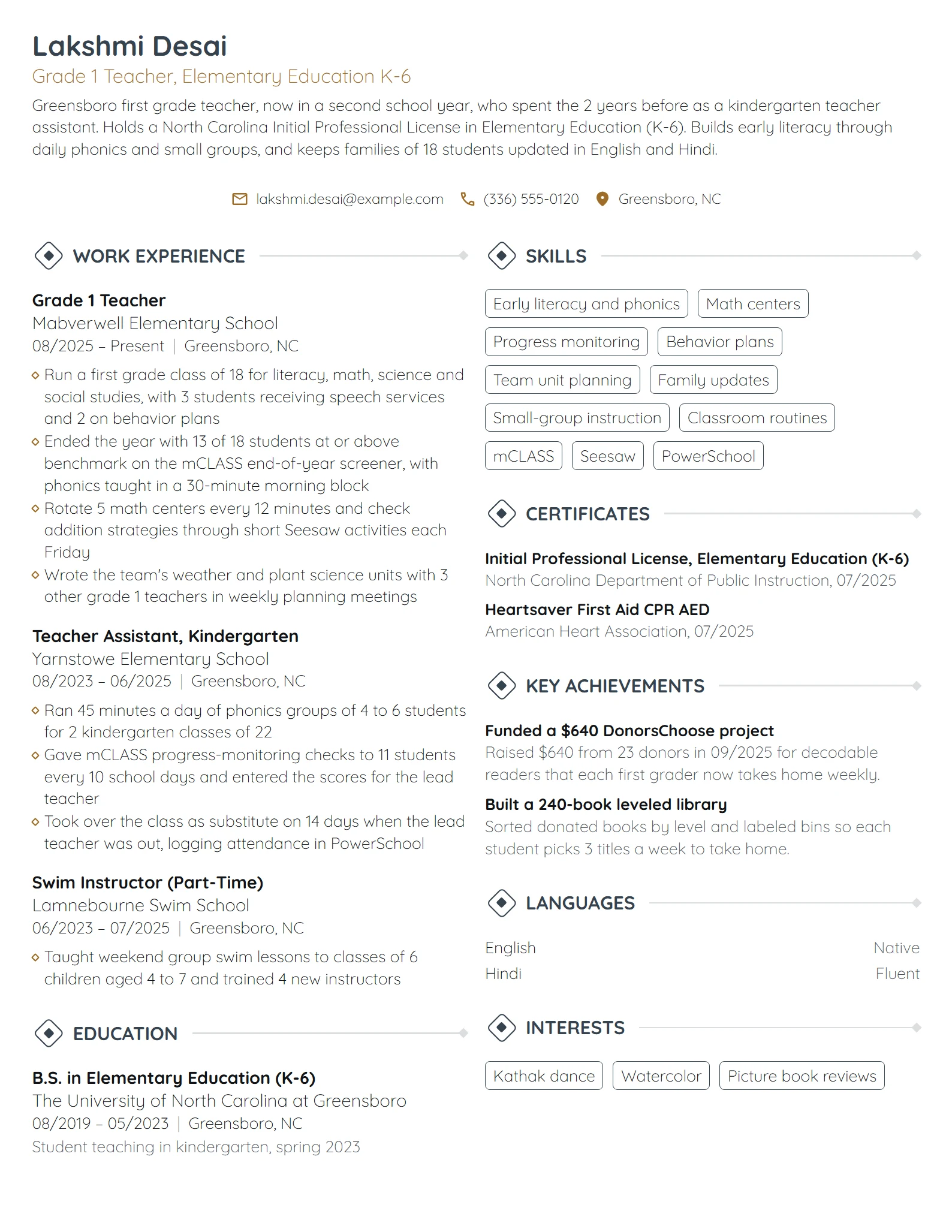 First Year Elementary Teacher resume example