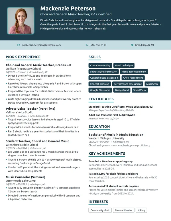 First Year Music Teacher resume example