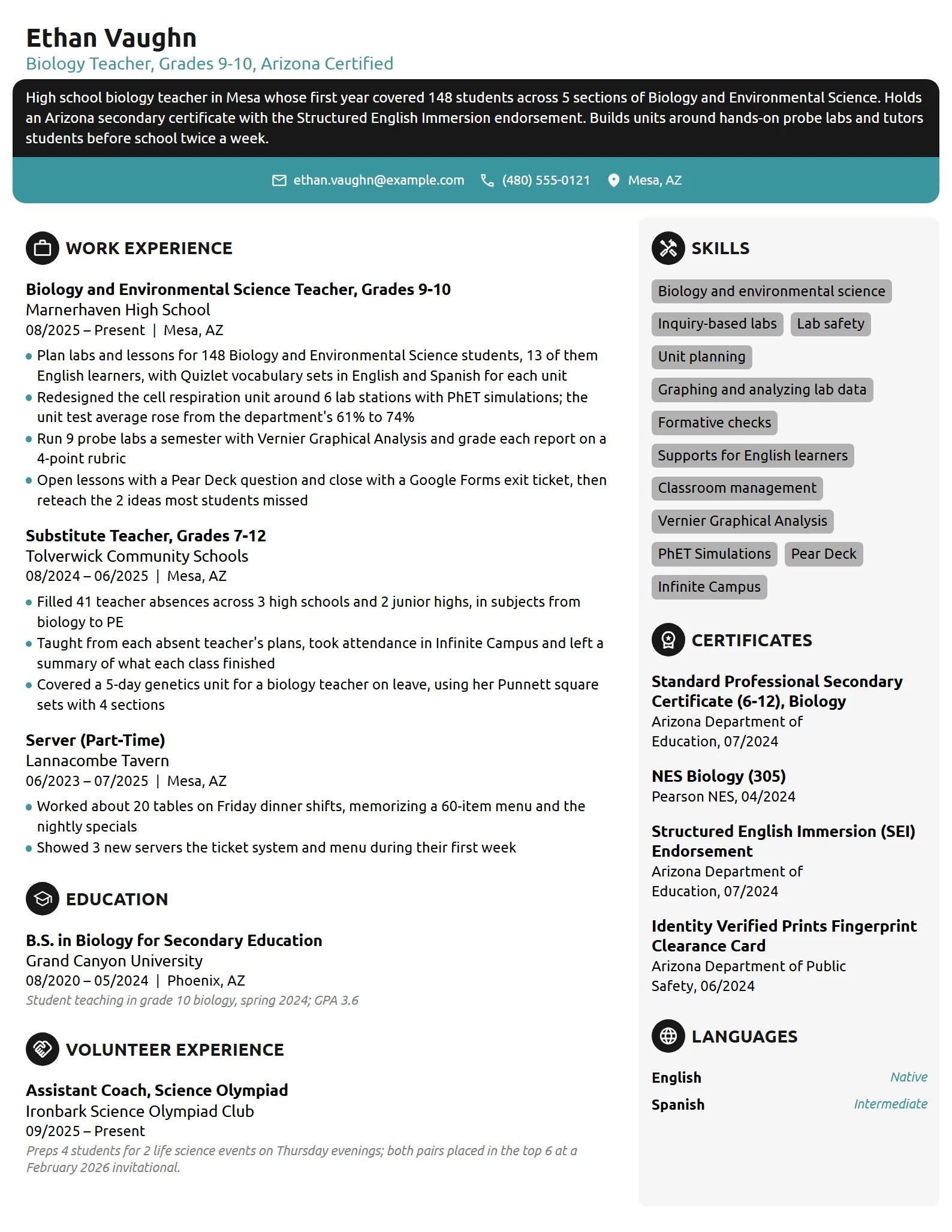 First Year Secondary Teacher resume example