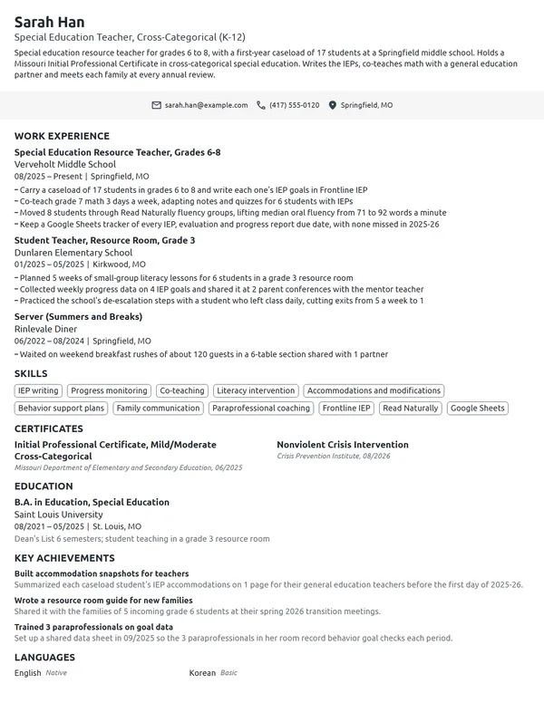 First Year Special Education Teacher resume example